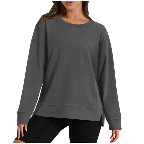 Plus Size Hoodies for Women Solid Color Casual Loose Round Neck Long Sleeve Color Block Side Slit Pullover Sweatshirts Tops,Dark Gray,2XL