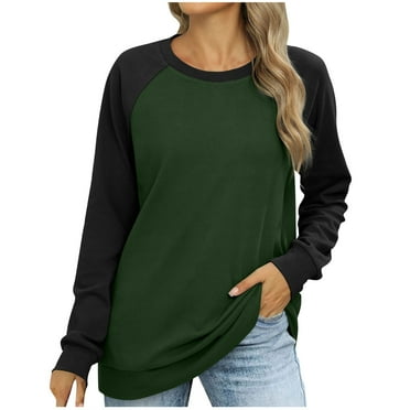 Plus Size Hoodies for Women Solid Color Casual Loose Round Neck Long Sleeve Color Block Side Slit Pullover Sweatshirts Tops,Green 1,S
