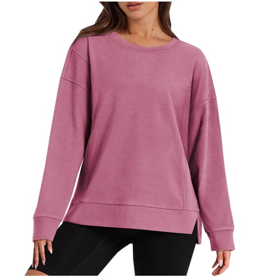 Plus Size Hoodies for Women Solid Color Casual Loose Round Neck Long Sleeve Color Block Side Slit Pullover Sweatshirts Tops,Pink 2,S