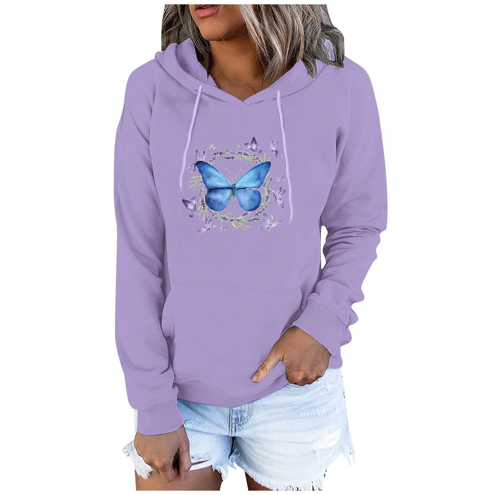 Plus Size Hoodies for Women s Butterfly Print Hooded Sweatshirt Casual Long Sleeve Lightweight Loose Pullover Tops