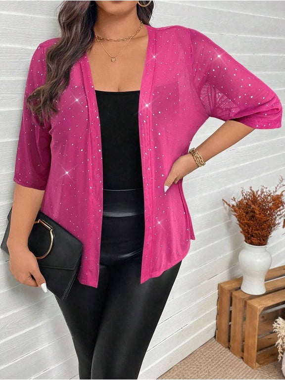 Plus Size Hot Pink Rhinestone Mesh Sheer Jacket, Elegant Open Front
