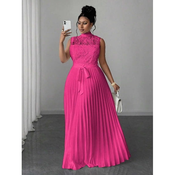 Plus Size Hot Pink Sleeveless Lace Bodice Pleated Maxi Dress With Waist Bow