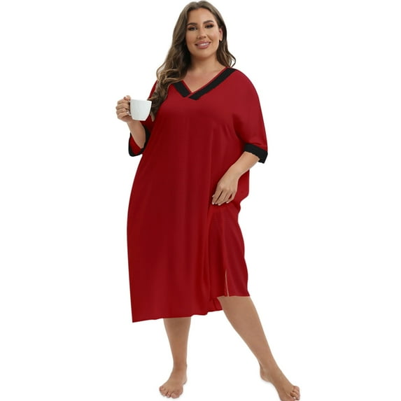 Plus Size House Dress Womens Lace Trim 3/4 Sleeve V Neck Nightgown Sleepwear Oversized Loose Loungewear Wavy Print Casual Nightshirt Side Slit Nightdress Pajama Dress, XL-5XL