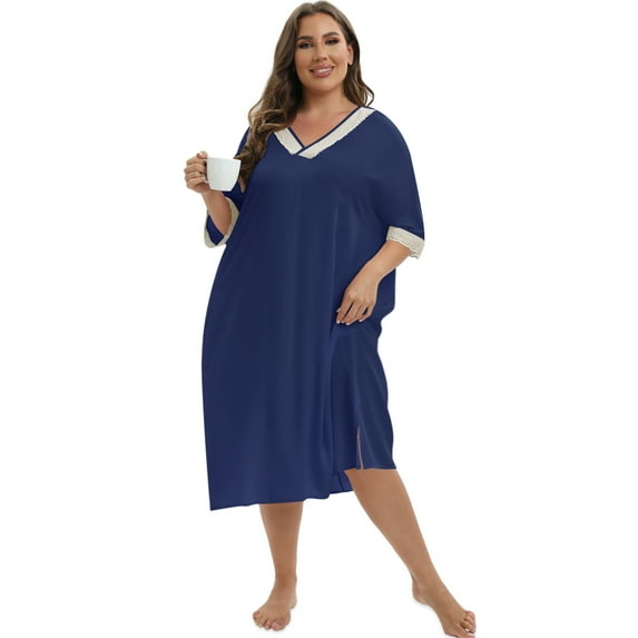 Plus Size House Dress Womens Lace Trim 3/4 Sleeve V Neck Nightgown Sleepwear Oversized Loose Loungewear Wavy Print Casual Nightshirt Side Slit Nightdress Pajama Dress, XL-5XL