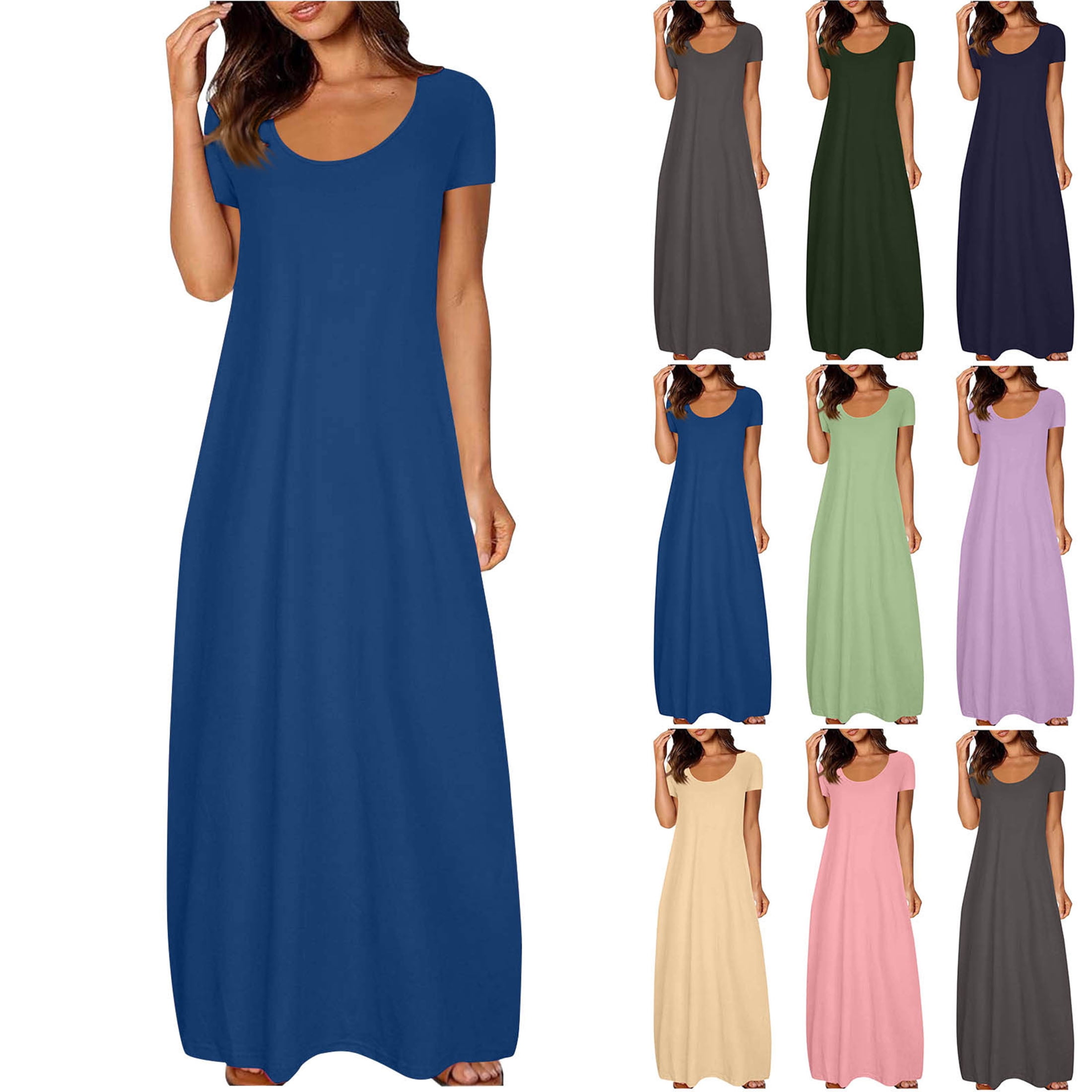 elegant house dresses Vibrex Plus Size House Dresses Business Casual Outfits Short Sleeve Round Neck Loose Solid Color Long Bodycon Maxi Dress Elegant Curvy Long Form-