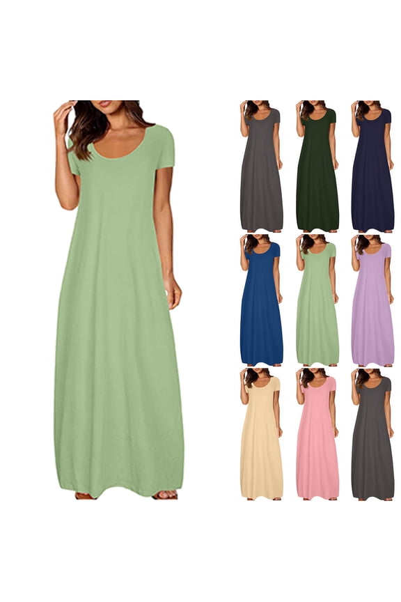 Plus Size House Dresses Business Casual Outfits Short Sleeve Round Neck Loose Solid Color Long Bodycon Maxi Dress Elegant Curvy Long Form-Fitting Dress Casual Summer Dresses for Women