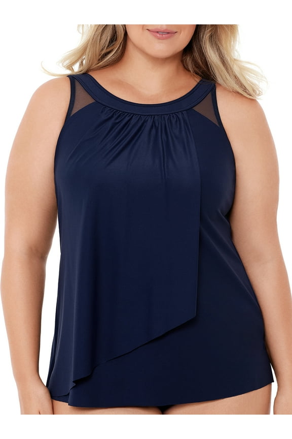Women's Plus Size Swimwear Illusionist Ursula High Neckline Mesh Insert Underwire Bra Tankini Bathing Suit Top, Midnight, 24W