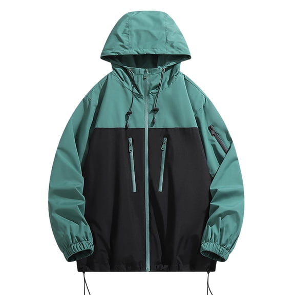Plus Size Jacket for Men Winter Fall Color Block Drawstring Casual Loose Fashion Zipper Hooded Pullover Coats with Pockets,Green,L