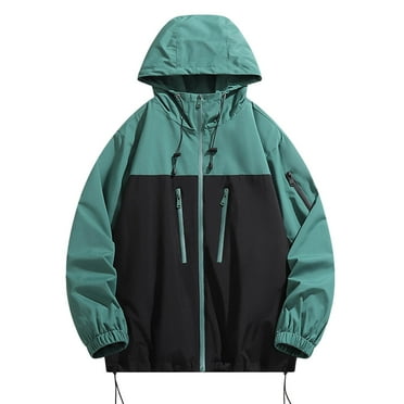 Plus Size Jacket for Men Winter Fall Color Block Drawstring Casual Loose Fashion Zipper Hooded Pullover Coats with Pockets,Green,XL