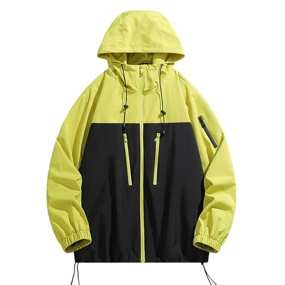 Plus Size Jacket for Men Winter Fall Color Block Drawstring Casual Loose Fashion Zipper Hooded Pullover Coats with Pockets,Yellow,L