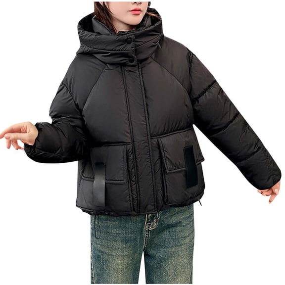 Plus Size Jackets For Women Trendy Solid Color Short Style Loose And Thick Hooded Pocket Zipper Long Sleeved Black Fall And Winter Coats Jackets (XL)