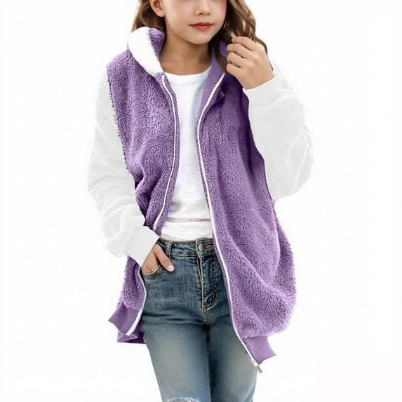 Plus Size Jackets for Girl Lightweight New Winter Coats for Teen Girls Fuzzy Fleece Jacket Hooded Color Block Patchwork Cardigan Outerwear with Pocket Purple 150