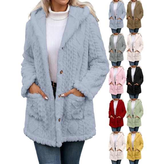 Plus Size Jackets for Women Warm Casual Hooded Solid-color Coat With Buttons And Long Sleeves Tops
