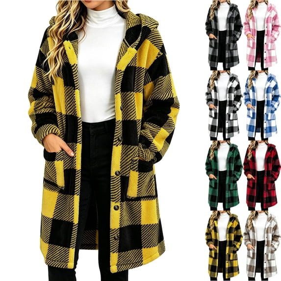 Plus Size Jackets for Womens Fall and Winter Fashion Plaid Fuzzy Fleece Hooded Jacket Casual Mid Long Length Long Sleeve Outerwear Coat With Pockets