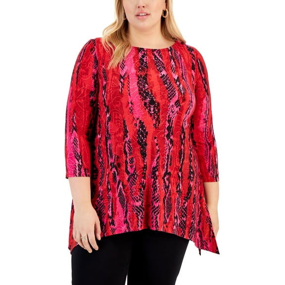 Plus Size Jacquard Handkerchief-Hem Top Real Red Combo 1X