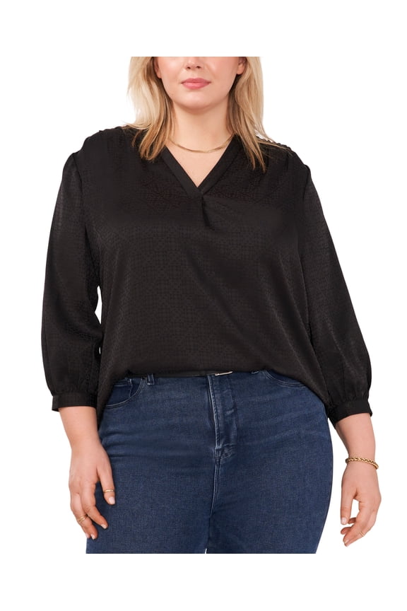 Plus Size Jacquard Patterned Blouse Rich Black 2X