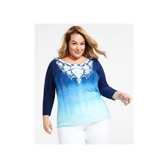 Plus Size Jacquard Printed 3/4-Sleeve Top  Intrepid Blue Combo 1X