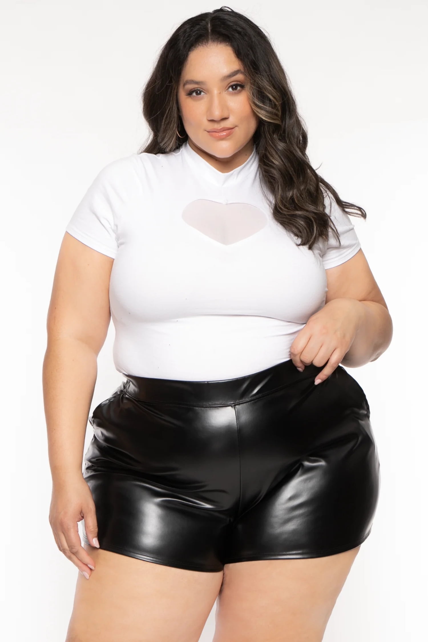 Plus size black leather shorts online