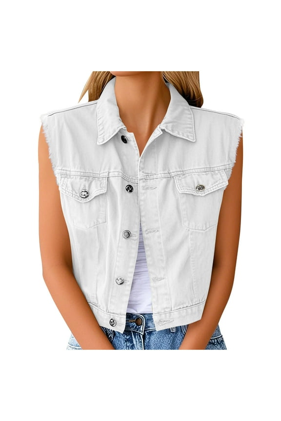 Plus Size Jean Jacket Denim Vest Womens Button Down Sleeveless Crop Shirts Collared Coats Chest Pockets White, 4XL
