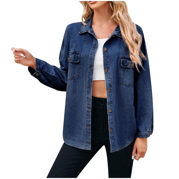 Plus Size Jean Jacket Long Sleeve Hoodless Denim Outwear & Jackets Women's Fashion Color Lapel Look Slimmer Sleeve Denim Jacket Blue m