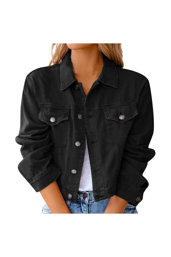 Plus Size Jean Jacket Womens Long Sleeve Short Denim Jacket Lapel Button Cropped Trucker Jean Jackets Coats S-23 Black S