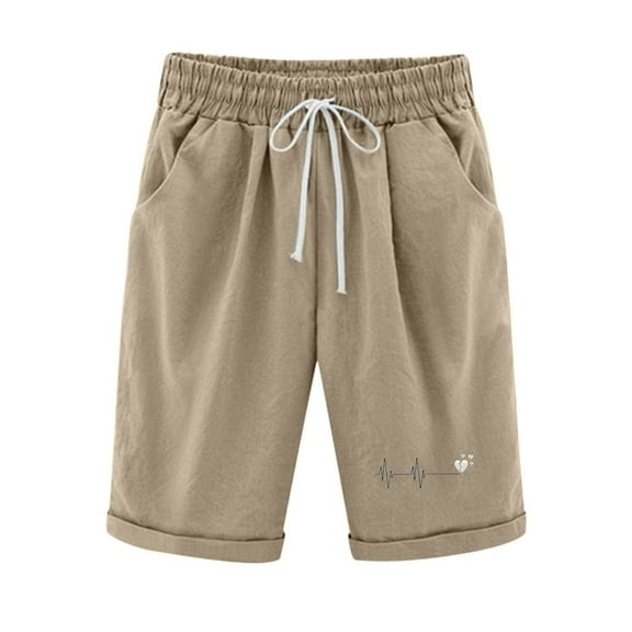Plus Size Jean Shorts for Women Loose Fitting Cotton Linen Shorts with Pockets, Womens Drawstring High Waisted Knee Length Pants, Beach Vacation Bermuda Shorts Khaki Khaki M