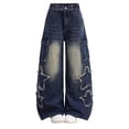 thumbnail image 1 of Plus Size Jeans Stretchy Tween Girls Jeans Fashion Casual Cute Floral Pattern Elastic Waistband Wide Leg Jeans with Slant Pockets, 1 of 5