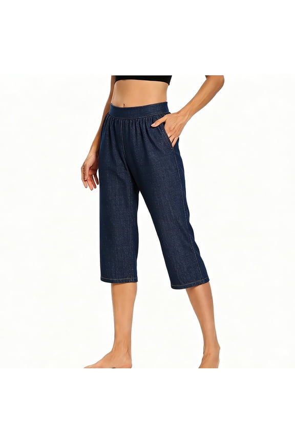 Plus Size Jeans for Women Stretchy Curvy Women's Stretchy Denim Capris, Elastic High Waisted Jeans Loose Casual Athletic Yoga Pull-On Cropped Pants Dark Blue L
