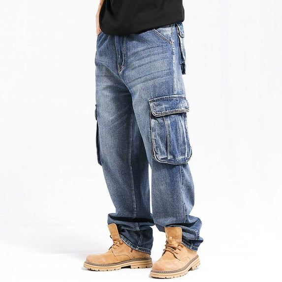 Plus Size Jeans for Men Casual Loose Wide Leg Solid Color Big and Tall Vintage Outdoor Fashion Jeans Cargo Pants with Pockets