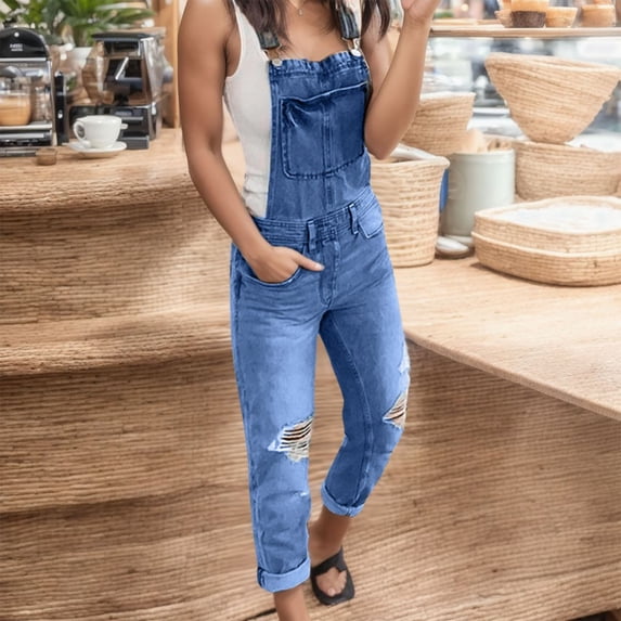 Plus Size Jeans for Women Casual Denim Rompers Denim Overalls Ripped Washed Jumpsuits Jeans Denim Pants Travel with Pockets