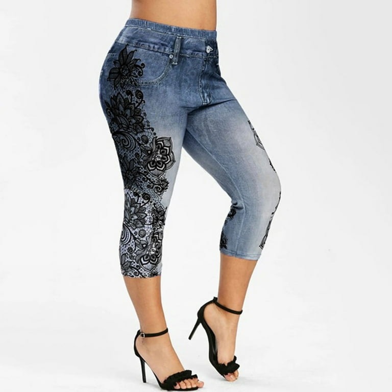 Plus Size Jeans for Women Stretch Lace Patchwork Leggings High Waisted  Capri Pants Retro Fashion Denim Pants
