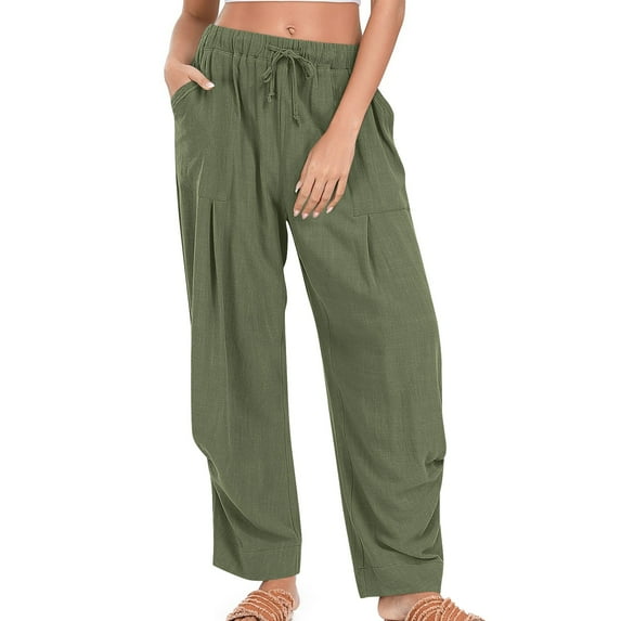 Plus Size Jeans for Women Women Ladies' Solid Color Cotton And Linen Loose Casual Wide Leg Long Pants Pocket,Green Women's Plus Size Pants L