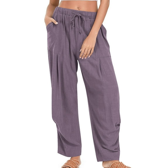 Plus Size Jeans for Women Women Ladies' Solid Color Cotton And Linen Loose Casual Wide Leg Long Pants Pocket,Purple Women's Plus Size Pants XL