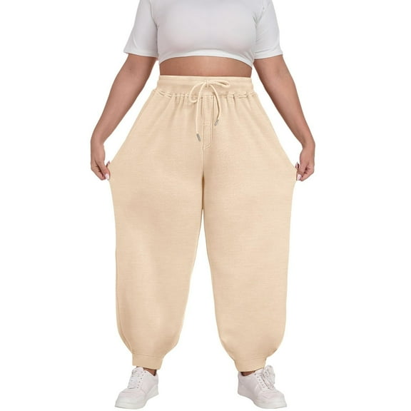 Plus Size Joggers Pants with Pockets for Women Casual Elastic Waist Wide Leg Cinch Bottom Cotton Sweatpants (L, Beige)