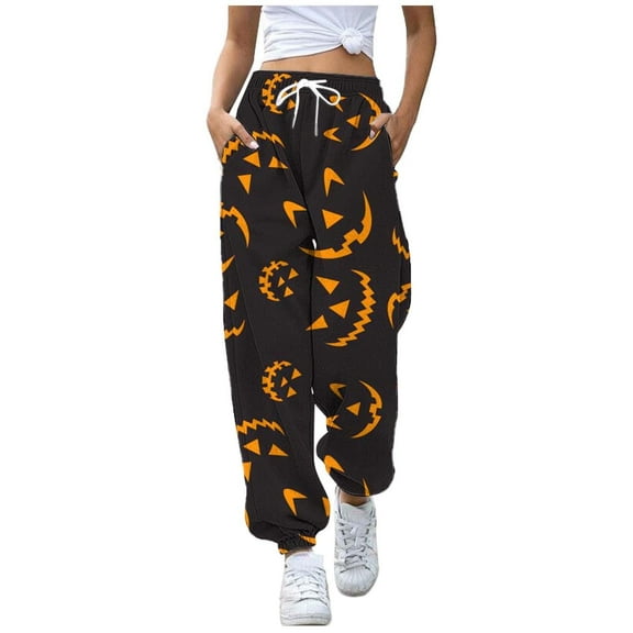 Plus Size Joggers for Women High Waisted Halloween Printed Sweatpants Drawstring Elastic Smooth Trousers with Pocket Fall Winter Women Pants