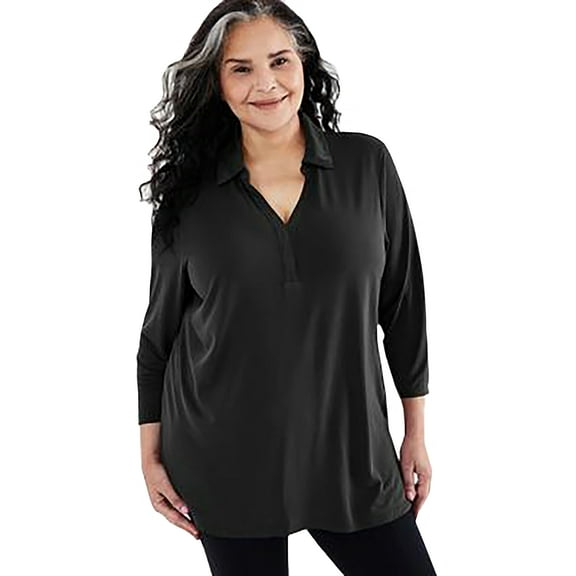 Plus Size Johnny-Collar Knit Tunic Top Deep Black 1X