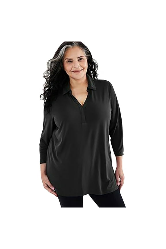 Plus Size Johnny-Collar Knit Tunic Top Deep Black 3X