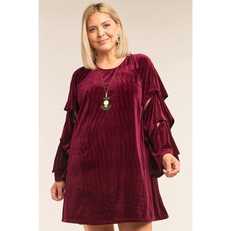 Plus Size Velvet Tie Front Midi Dress With Three Quarter Sleeves