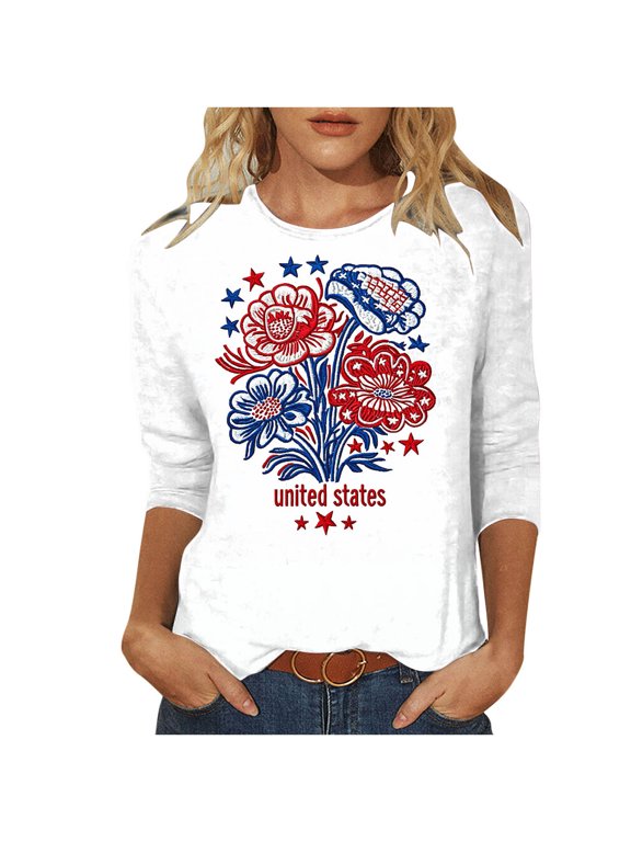 Plus Size July 4th Shirts For Women 3/4 Sleeve Crew Neck USA Flag Print Tees Independence Day Casual Loose Blouse (4XL, Beige)