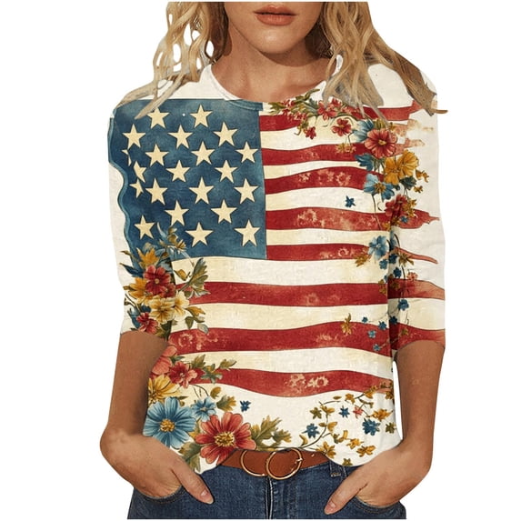 Plus Size July 4th Tshirts Womens 3/4 Length Sleeve Crewneck Graphic Tees Funny Holiday Patriotic Outfits Beige, L