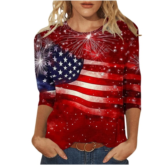 Plus Size July 4th Tshirts Womens 3/4 Length Sleeve Crewneck Graphic Tees Funny Holiday Patriotic Outfits Red, 4XL