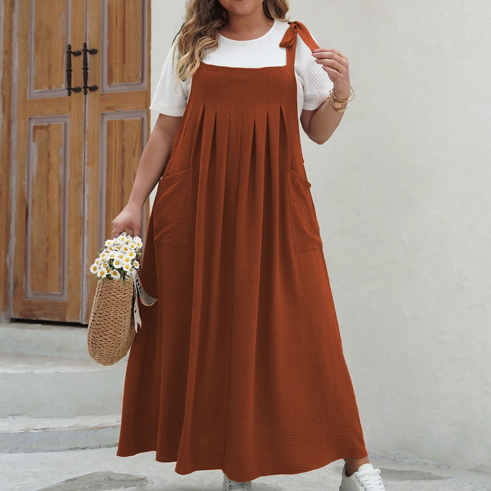 Women's Plus Size Casual Plaid Printed Overall Pinafore Dress Swing Adjustable Straps Dress