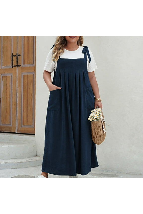 Plus Size Jumper Dress for Women Loose Overall Pinafore Dresses Adjustable Straps Wide Hemline with Pockets Baggy Style