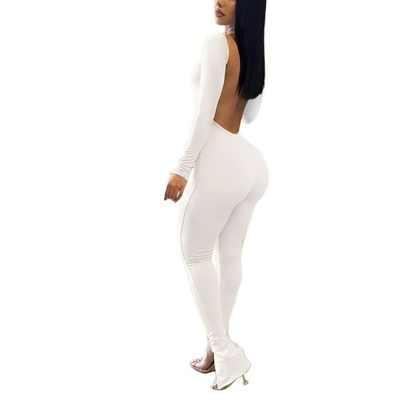 Plus Size Jumpsuit Women Fashion Yoga Jumpsuits Workout Ribbed Long Sleeve Sport Jumpsuits Backless,White Women'S Polyester Jumpsuit 2XL
