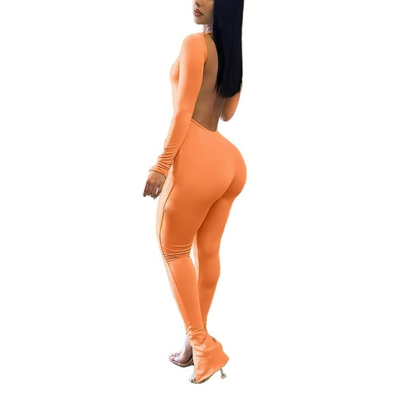 Plus Size Jumpsuit Women Fashion Yoga Jumpsuits Workout Ribbed Long Sleeve Sport Jumpsuits Backless, Women'S Polyester Jumpsuit L