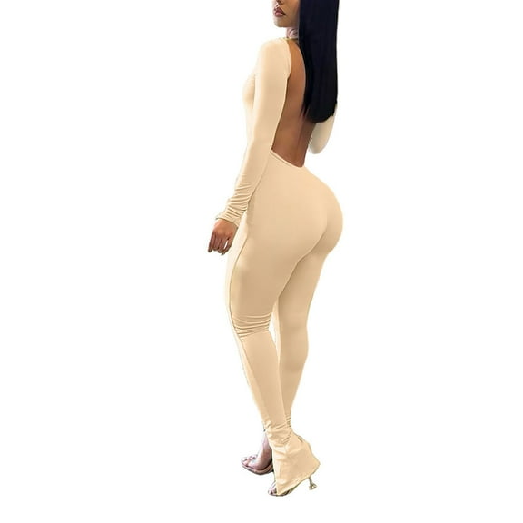 Plus Size Jumpsuit Women Fashion Yoga Jumpsuits Workout Ribbed Long Sleeve Sport Jumpsuits Backless,Yellow Women'S Polyester Jumpsuit 2XL