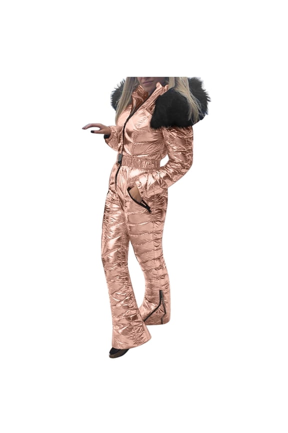 Plus Size Jumpsuit Women Solid Casual Thick Hot Snowboard Skisuit Outdoor Sports Zipper Cotton Padded Hooded Jumpsuit Ski Suit,Gold Women'S Nylon Jumpsuit 2XL