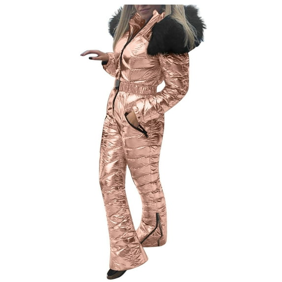 Plus Size Jumpsuit Women Solid Casual Thick Hot Snowboard Skisuit Outdoor Sports Zipper Cotton Padded Hooded Jumpsuit Ski Suit,Gold Women'S Nylon Jumpsuit 2XL