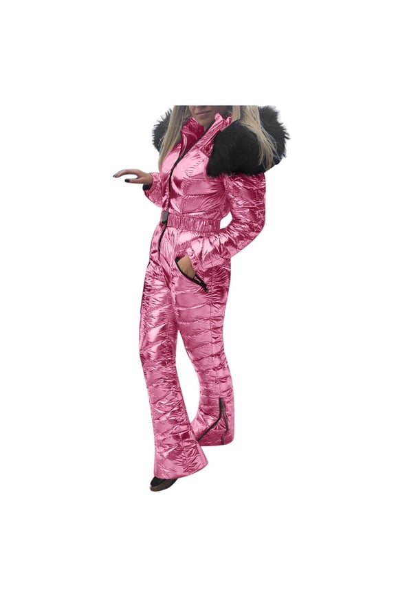 Plus Size Jumpsuit Women Solid Casual Thick Hot Snowboard Skisuit Outdoor Sports Zipper Cotton Padded Hooded Jumpsuit Ski Suit,Red Women'S Nylon Jumpsuit S