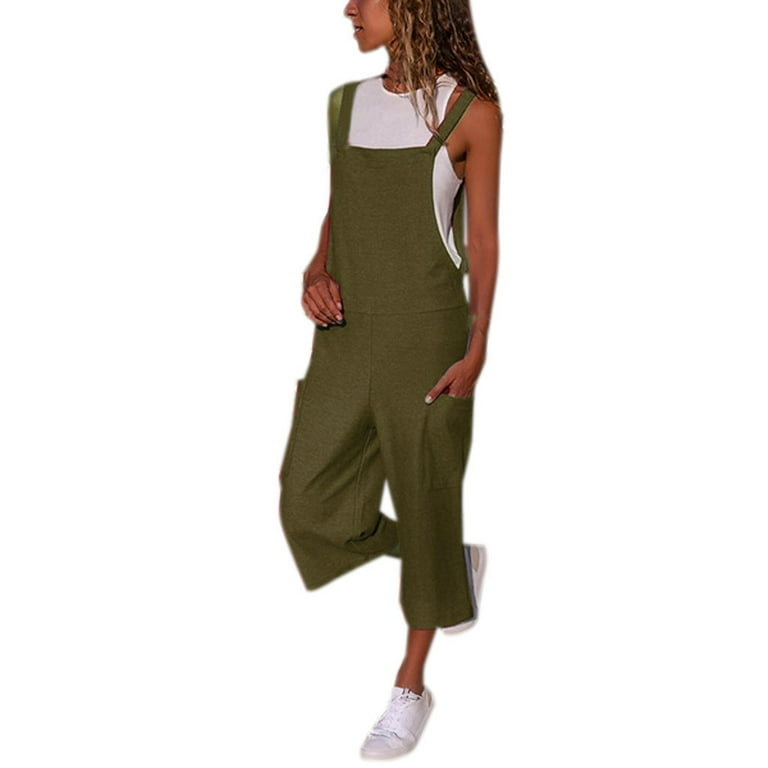 Plus Size Jumpsuit for Curvy Women Women Sleeveless Dungarees Loose Cotton  Linen Long Playsuit Party Jumpsuit On Sale Army Green 4XL